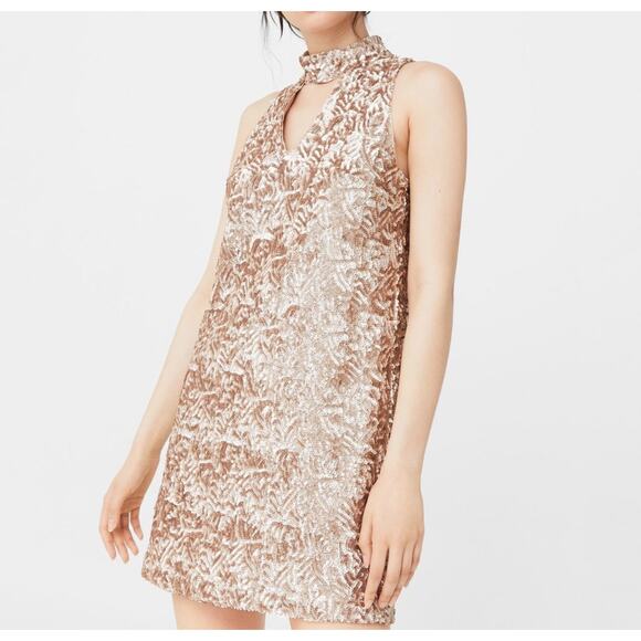 Mango Gold Sequin Mock Neck Mini Dress Size Small (US 4) - Picture 1 of 8